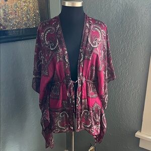 Elegant Paisley Kimono Sheer Top Magenta SZ 6 Tie Waist Front V Neck